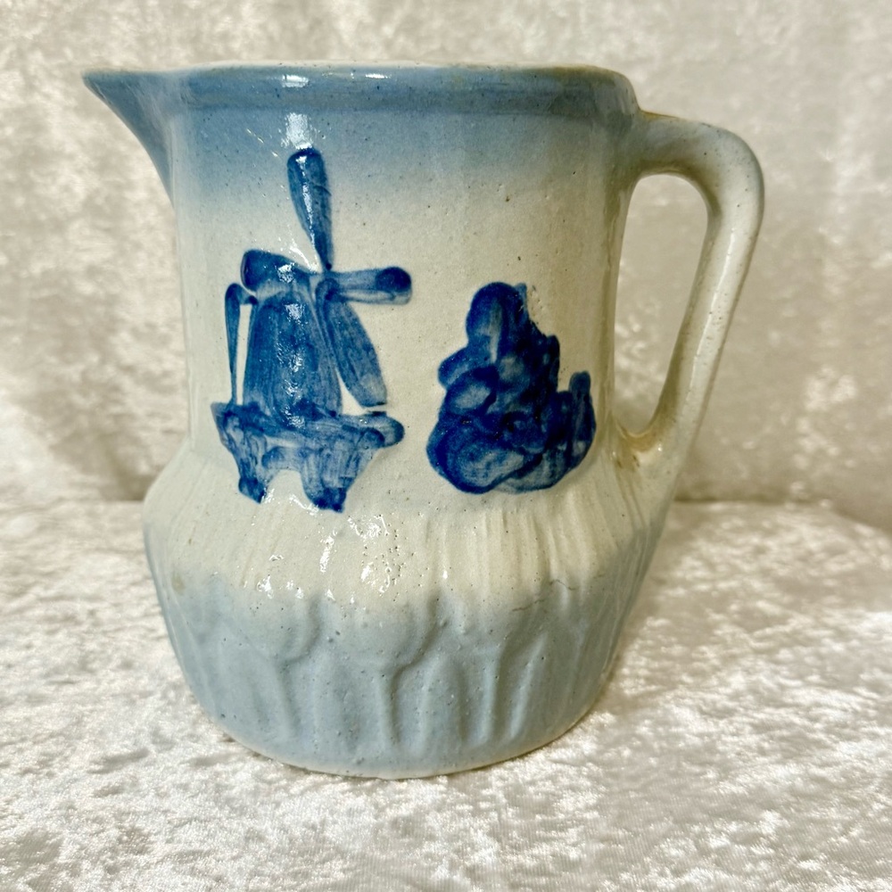Vintage Salt Glazed Blue White Pitcher Dutch Windmill Tree Collectible Stoneware